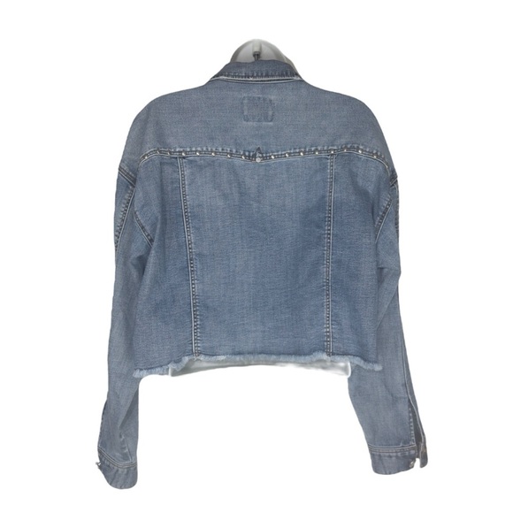 Liverpool Faded Blue Distressed Wide Long Sleeve Crop Denim Jean Jacket Medium - Picture 2 of 14